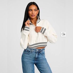 Cropped Quarter-Zip Pullover Top - Cream with Black Trim